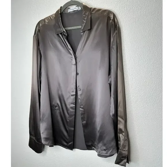 Christian Dior 100% Silk Taupe Brown Multi-Tonal Shimmer Button Blouse 14 - Picture 3 of 13